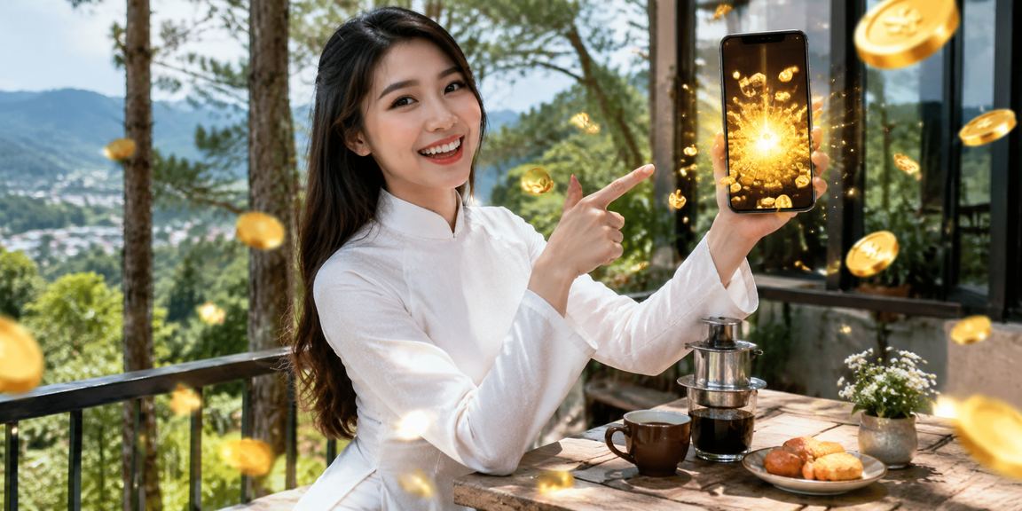Người phụ nữ mặc áo dài tại Đà Lạt dùng điện thoại xem kết quả xổ số và chơi casino trực tuyến